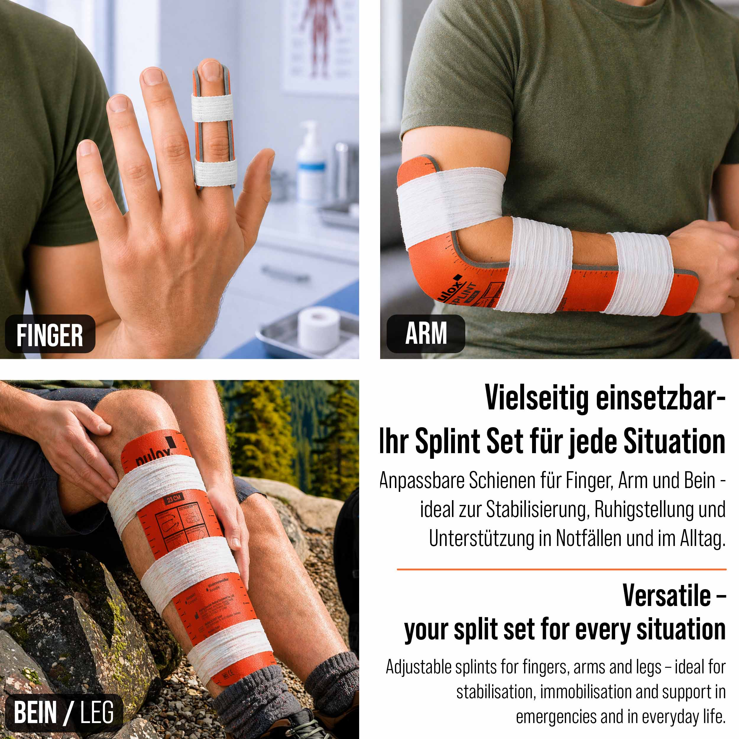 Vierfaches Bild: Finger-, Arm- und Bein-Schienen, mit Text.