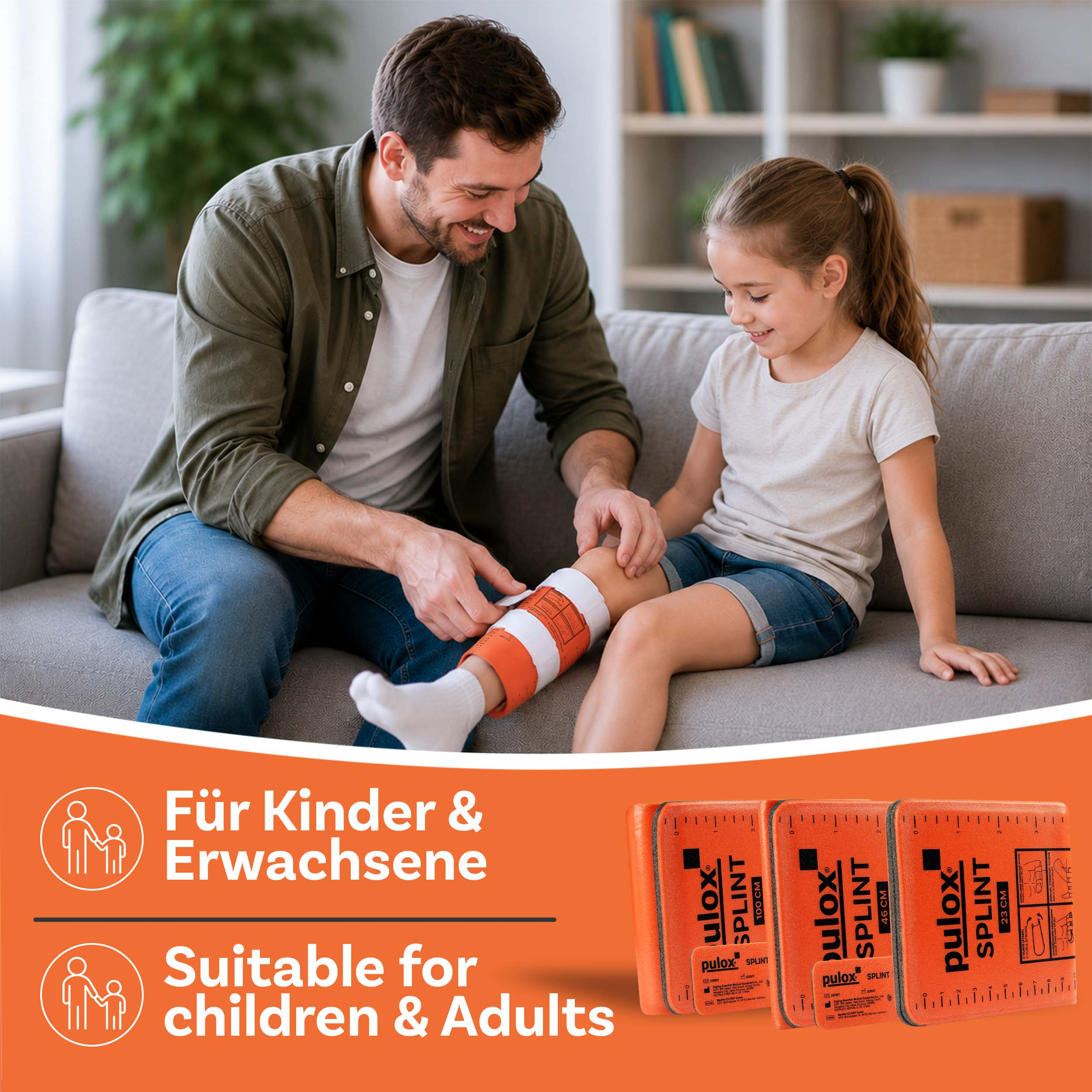 Ein Mann legt einer jungen Frau eine orangefarbene Schiene am Bein an.