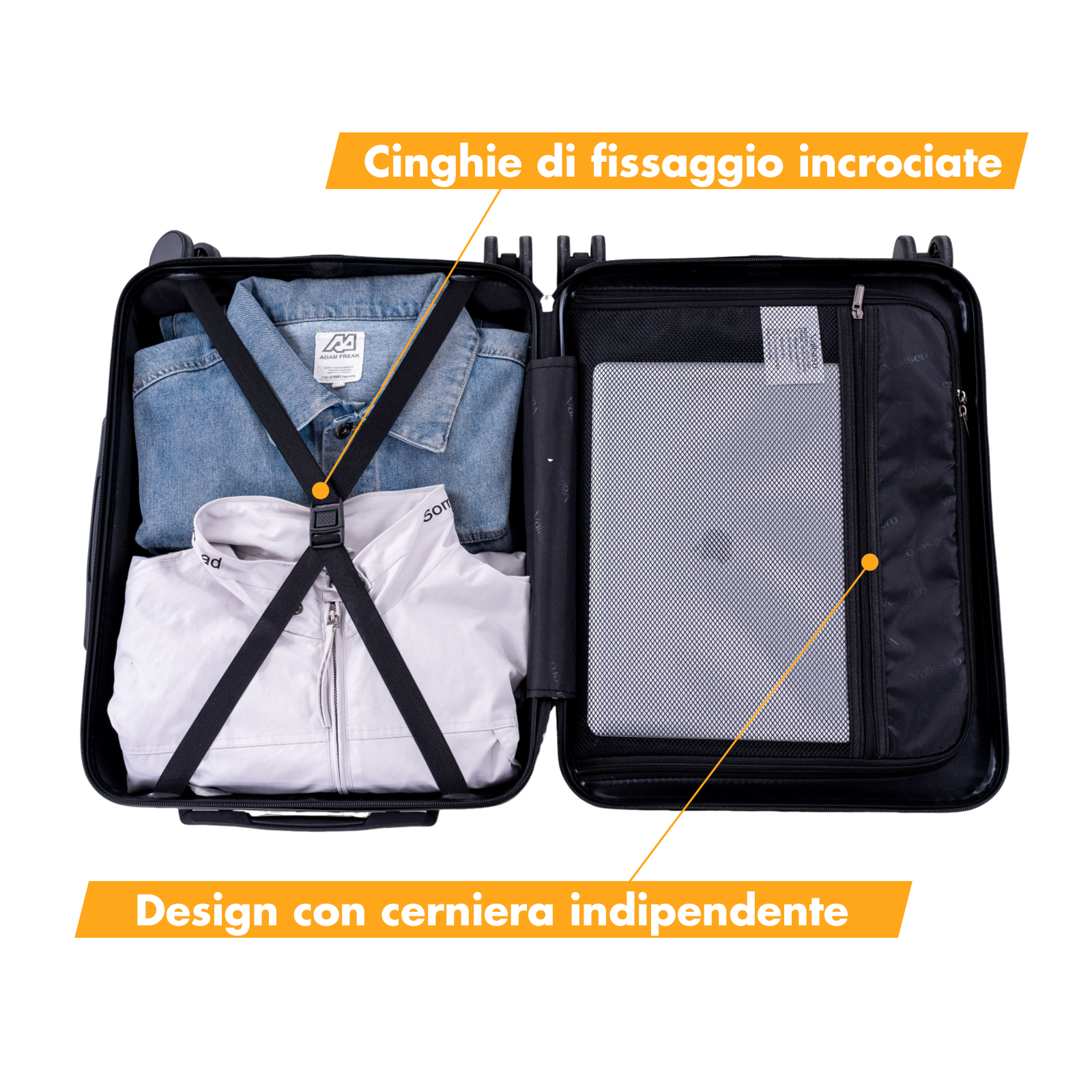 Valigia nera aperta con vestiti e scomparto per laptop. Con cinghie.