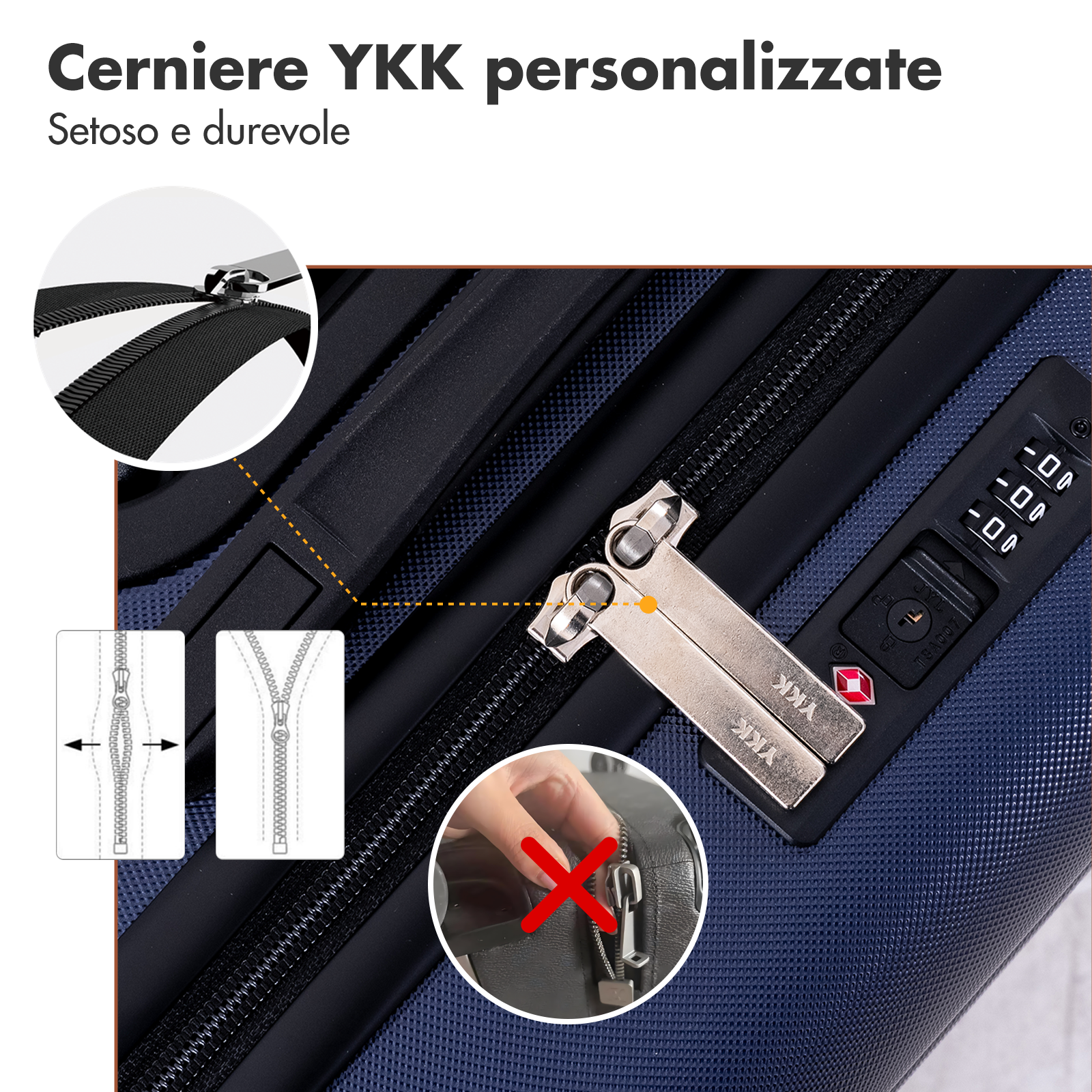 Primo piano di una valigia blu con cerniere YKK, lucchetto TSA e grafiche di dettaglio.