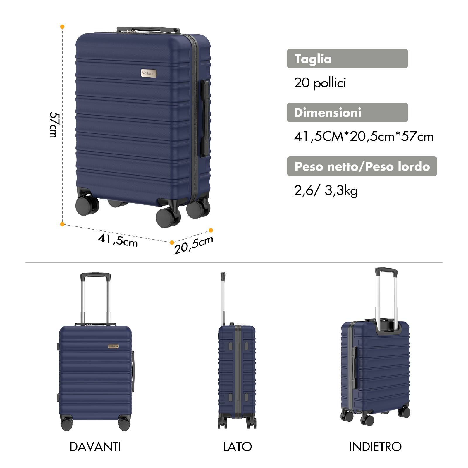 Tre viste di un trolley blu scuro con ruote e manico estensibile.