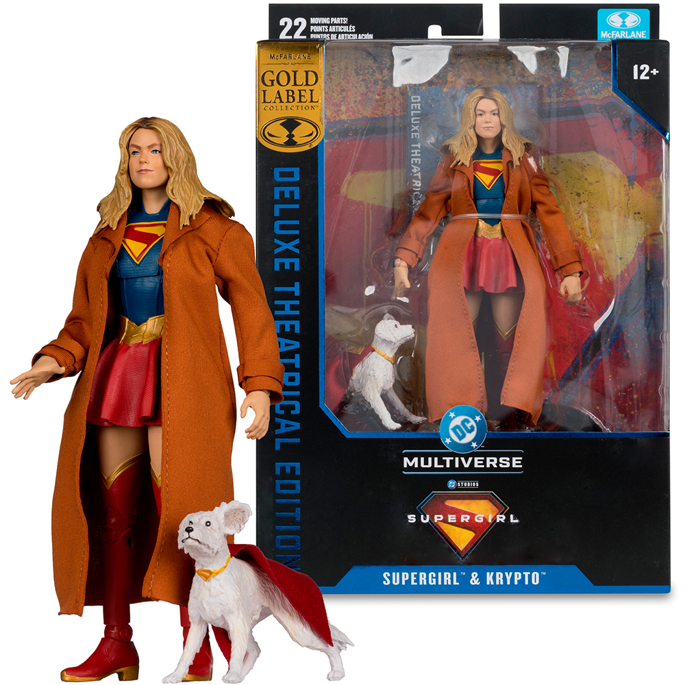 Action figure di Supergirl con Krypto. La figura indossa cappotto arancione, tuta blu, gonna rossa.