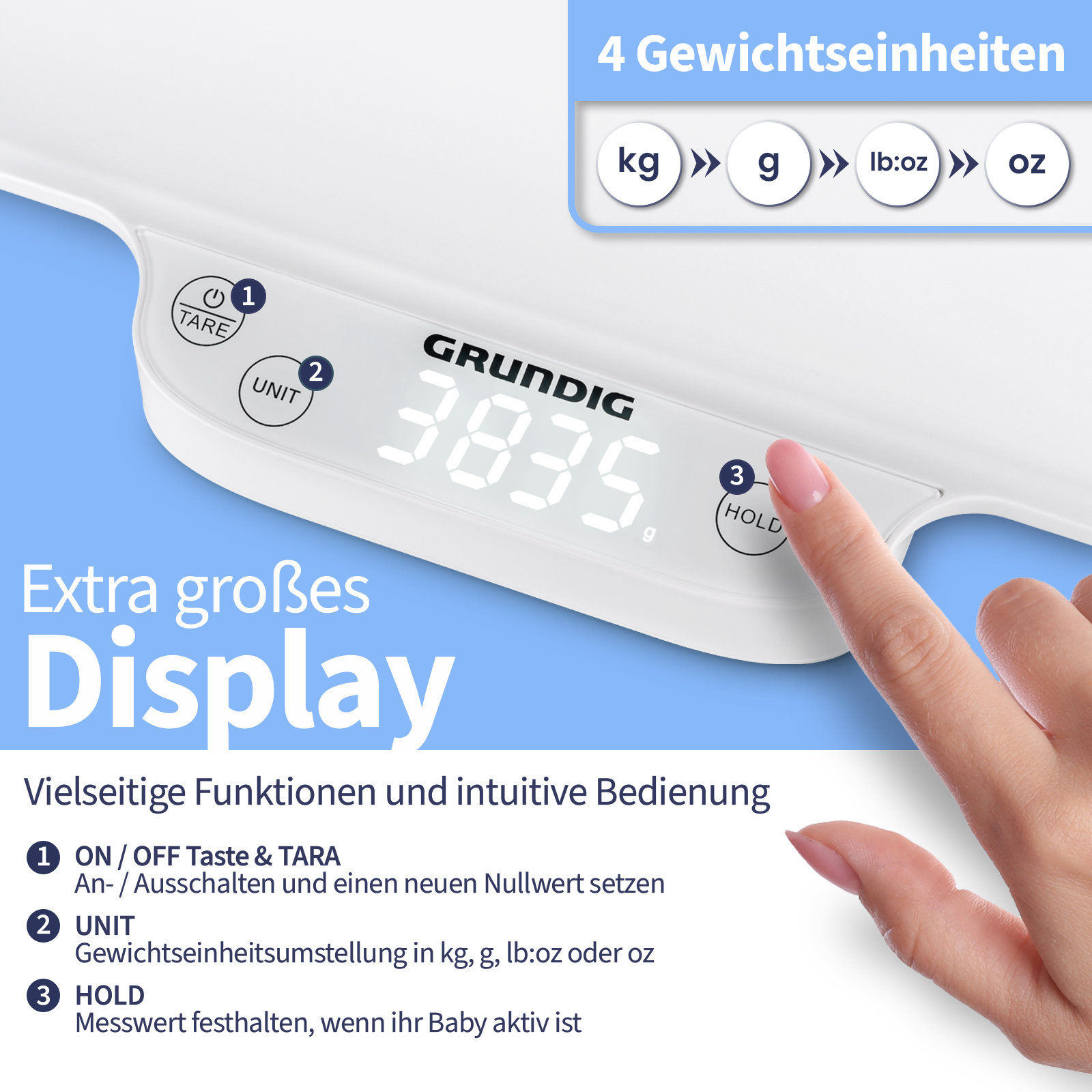 Eine weiße Babywaage mit großem Display zeigt 3835g an. Tasten für Tare, Unit, Hold.