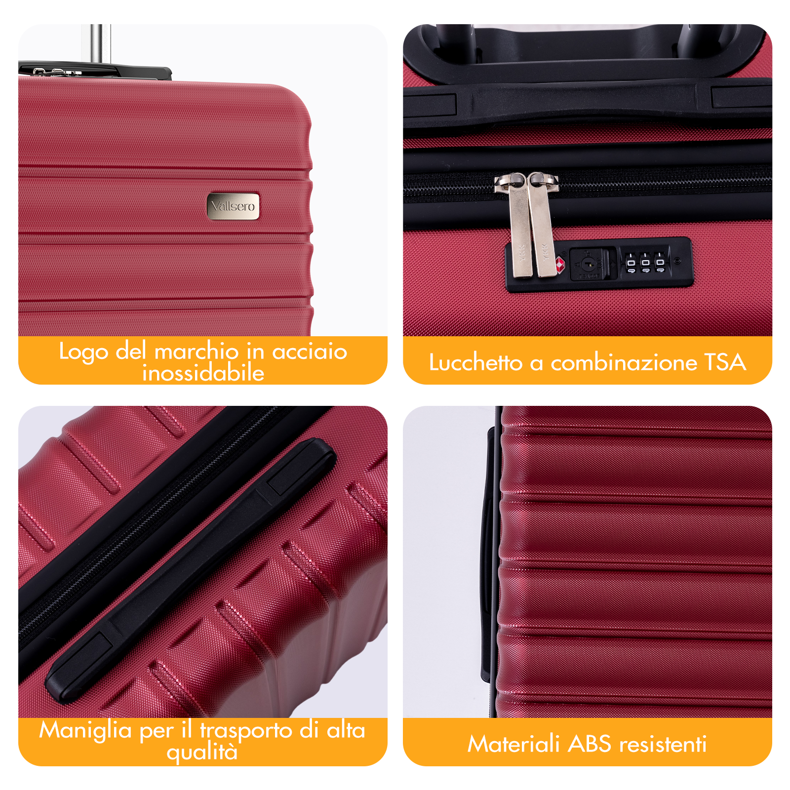 Valigia rossa con logo, lucchetto TSA, maniglia e materiale ABS.