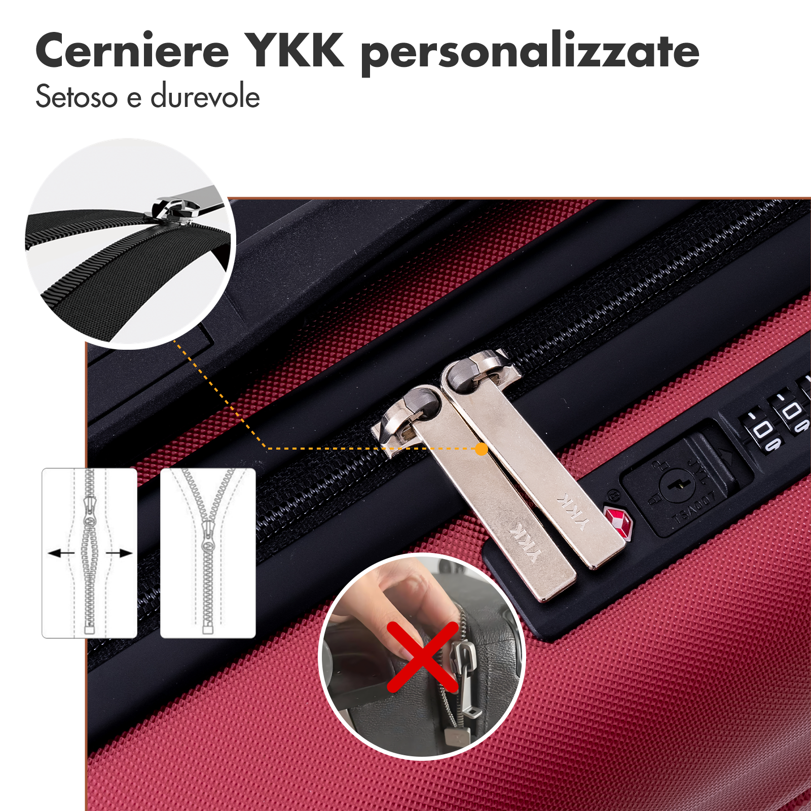 Primo piano di una valigia rossa con cerniere YKK e lucchetto TSA.