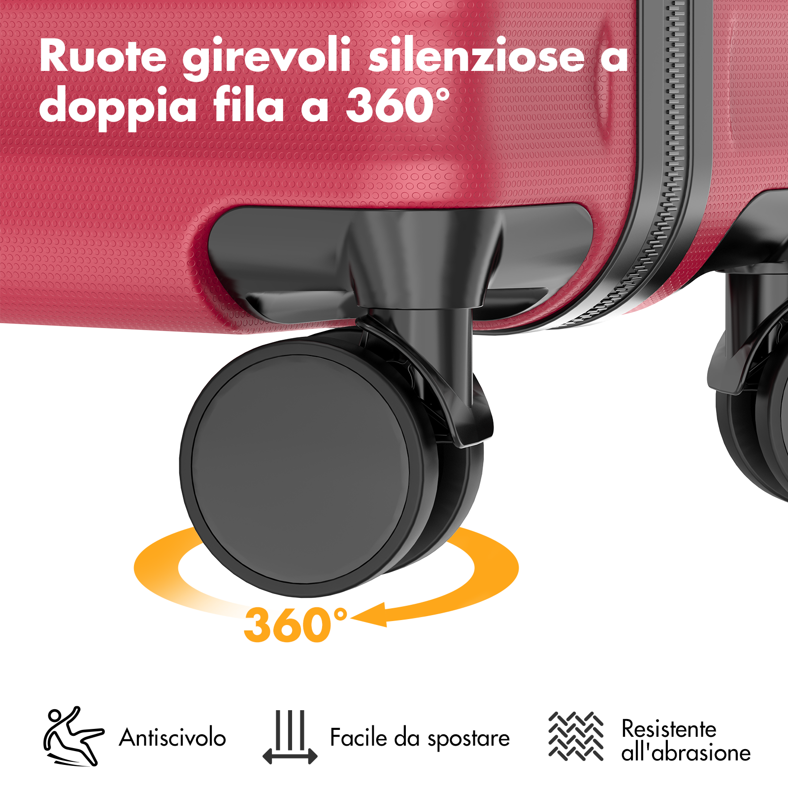 Valigia rossa con ruote doppie silenziose a 360° e cerniera.