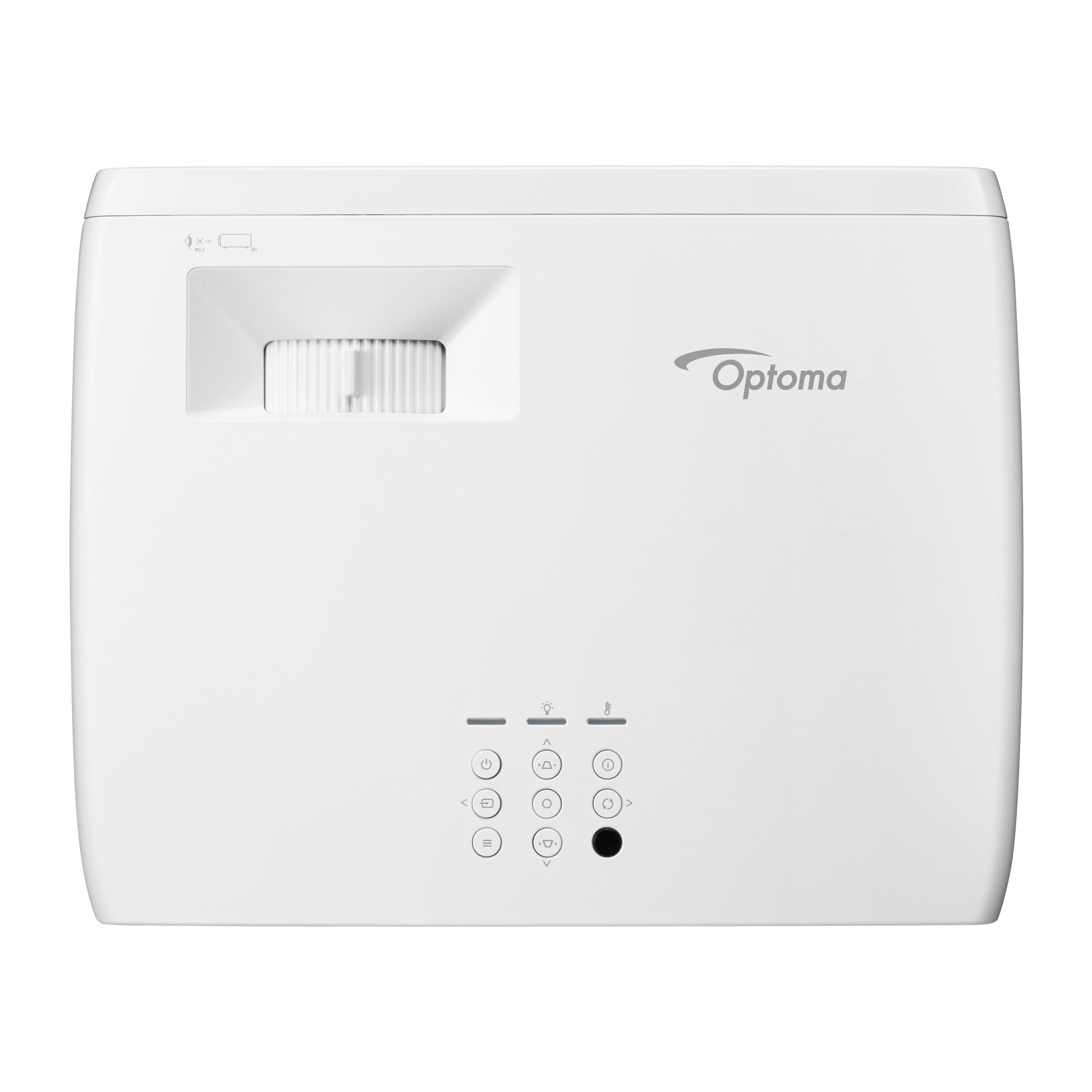 Un projecteur Optoma blanc avec réglage d'objectif et panneau de commande.