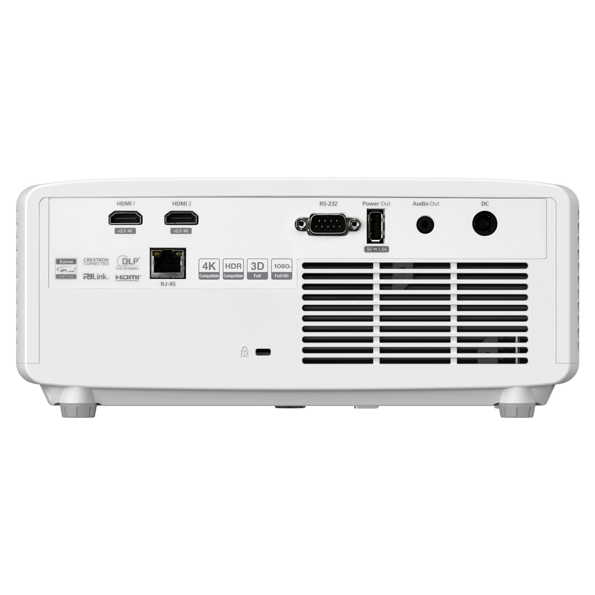 Arrière d'un projecteur blanc avec divers ports : HDMI, USB, RJ45, RS-232.