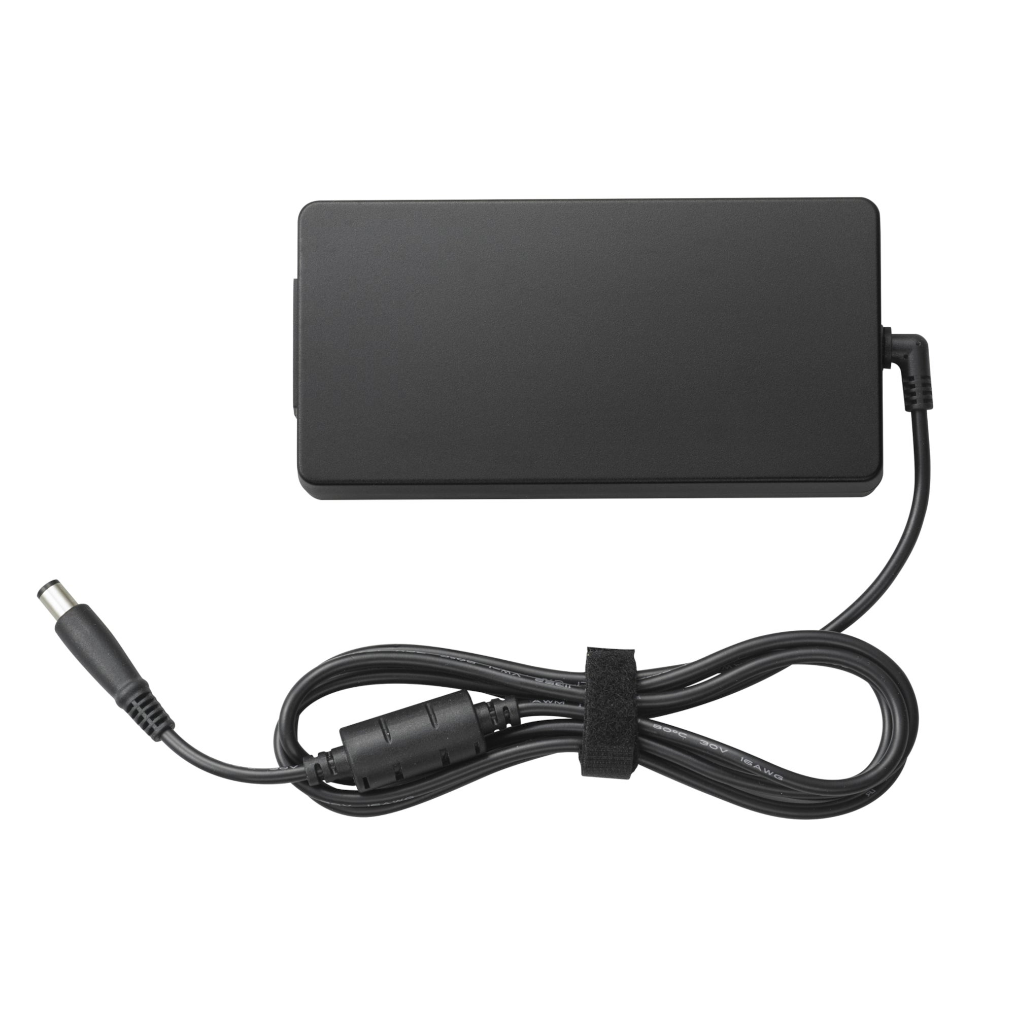 Adaptateur secteur noir pour ordinateur portable avec cordon et prise sur fond blanc.
