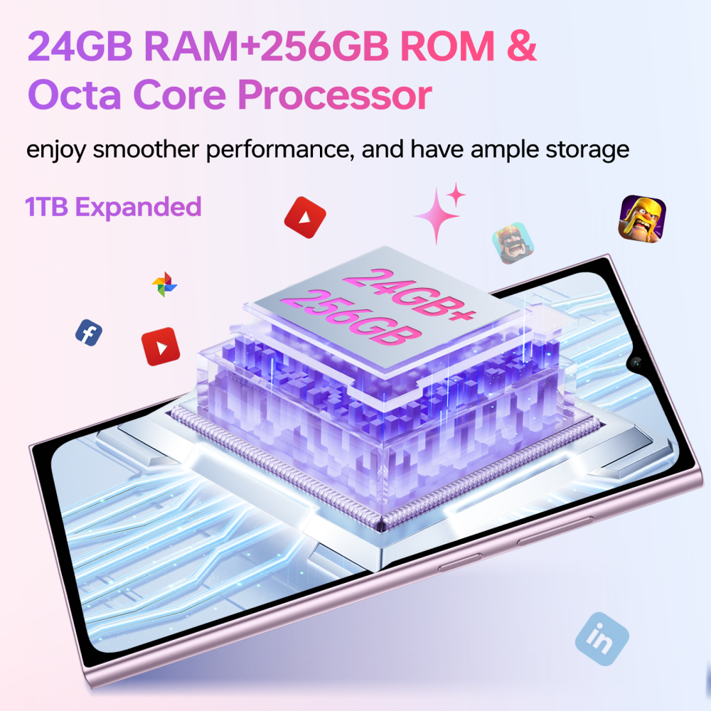 Un smartphone con 24GB RAM, 256GB ROM, procesador Octa-Core y 1TB de almacenamiento ampliado.
