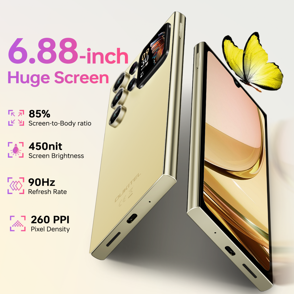 Dos teléfonos inteligentes dorados con pantallas de 6,88 pulgadas, una decoración de mariposa amarilla.