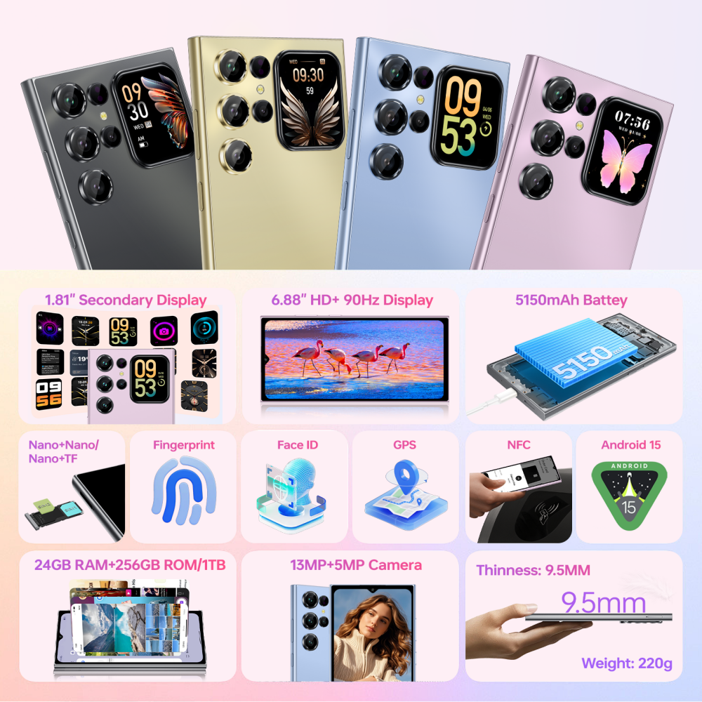 Cuatro teléfonos inteligentes en gris, dorado, azul y morado, tres con pantalla en blanco.