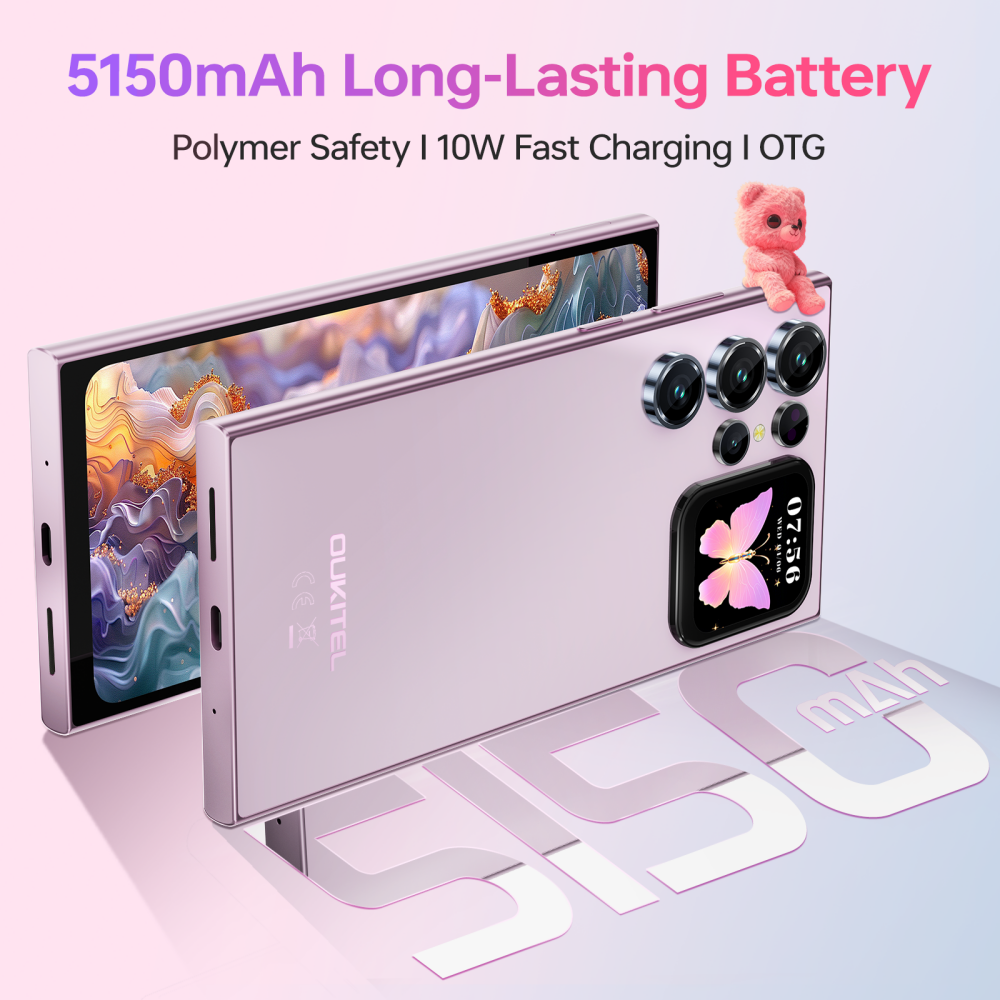 Un smartphone rosa con batería de 5150mAh, tres cámaras y un osito de peluche.