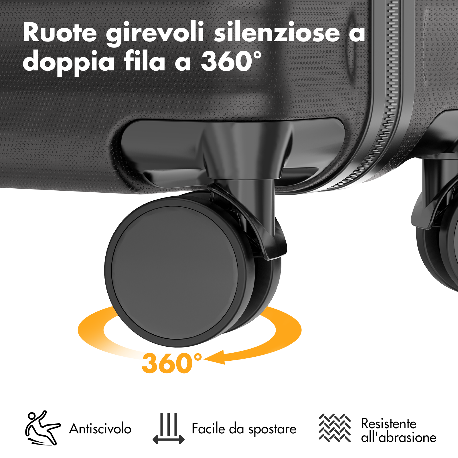 Valigia nera con ruote a 360 gradi, "Antiscivolo", "Facile da spostare", "Resistente all'abrasione".