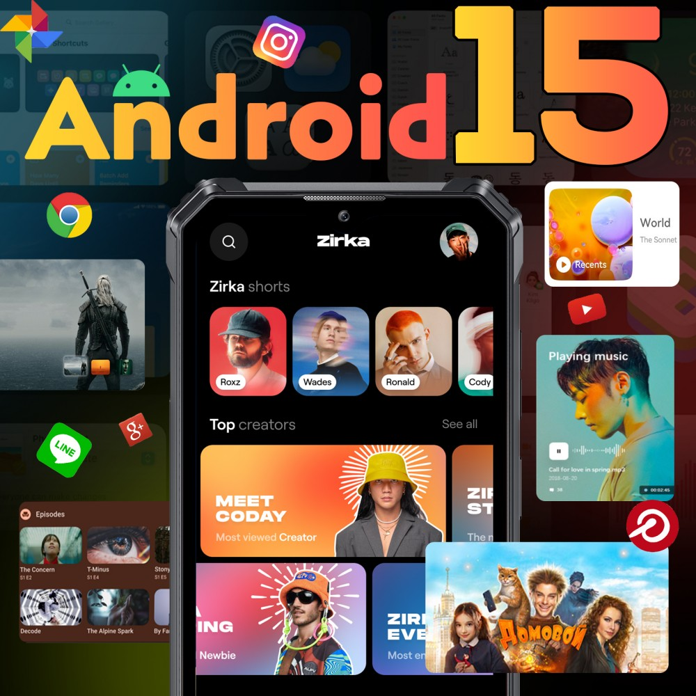 Android 15 con app Zirka, Instagram, Google y más. Apps de música y video.