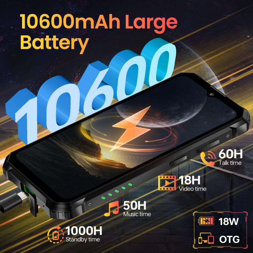 Teléfono negro con batería de 10600mAh, símbolo de rayo, indicador de carga y tiempos de uso.
