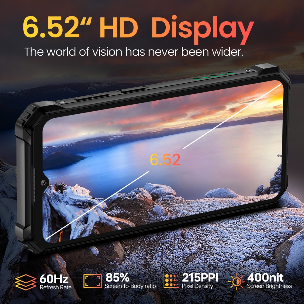 Un smartphone con pantalla HD de 6,52 pulgadas que muestra un paisaje.