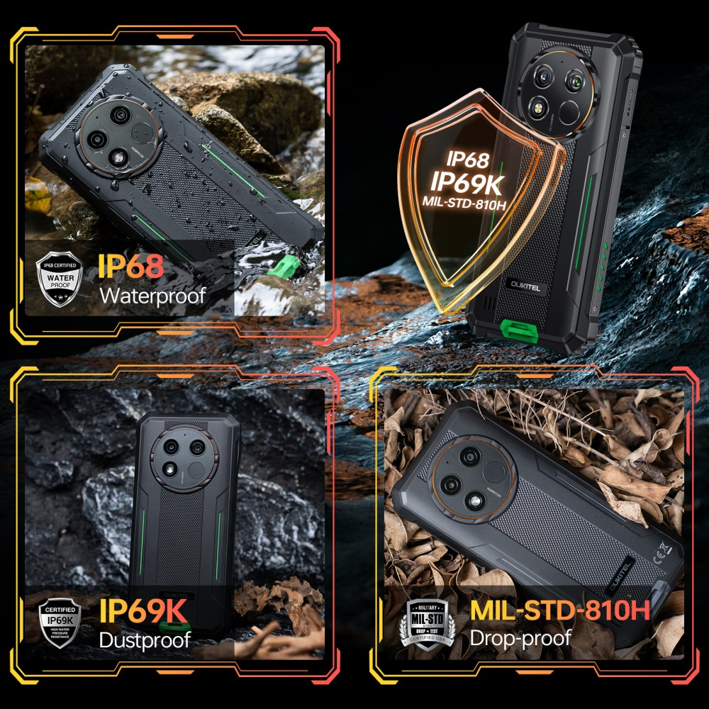 Cuatro escenas muestran un teléfono OUKITEL resistente a prueba de agua IP68.