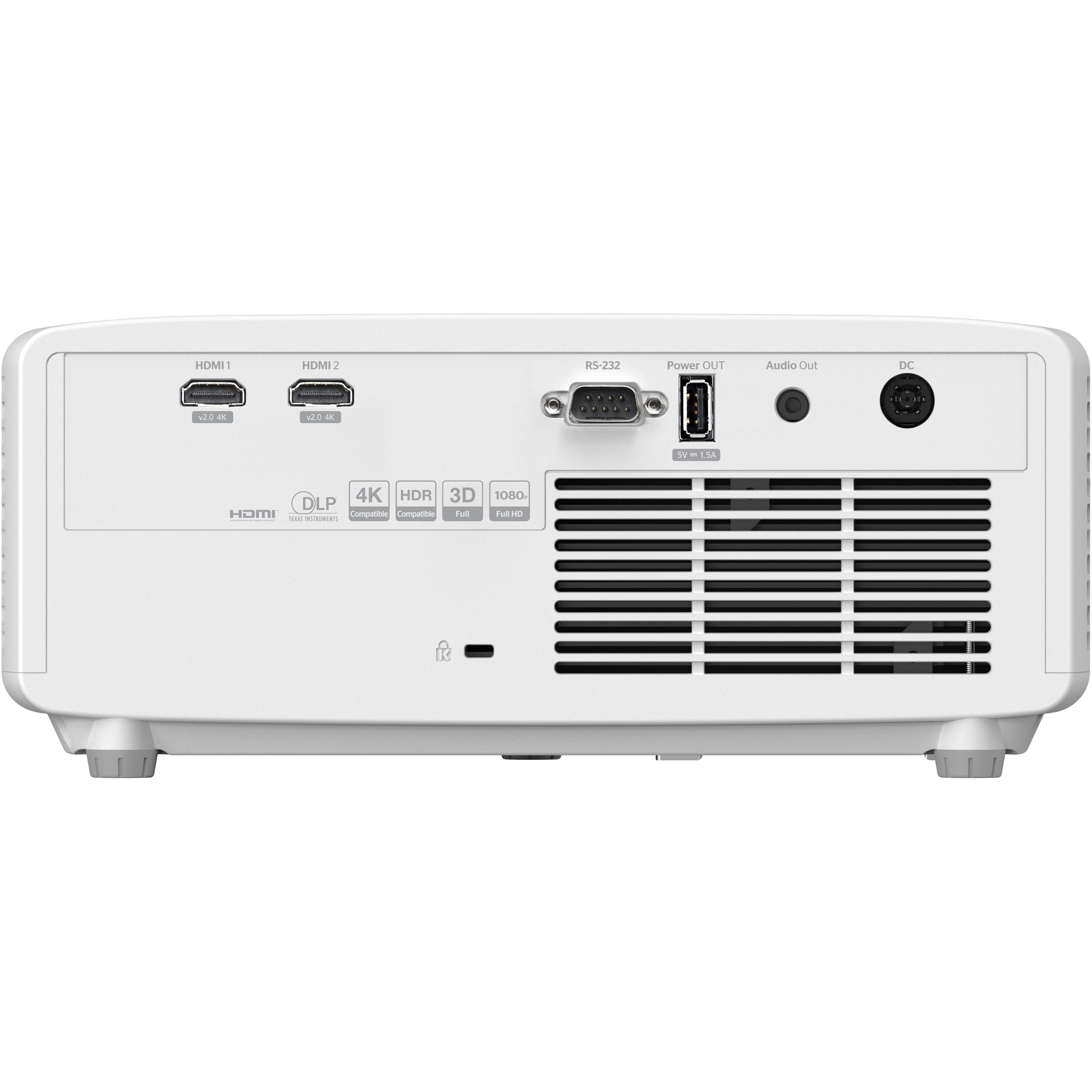Rückseite eines weißen Projektors mit Anschlüssen: HDMI, RS-232, USB, Audio Out, DC.