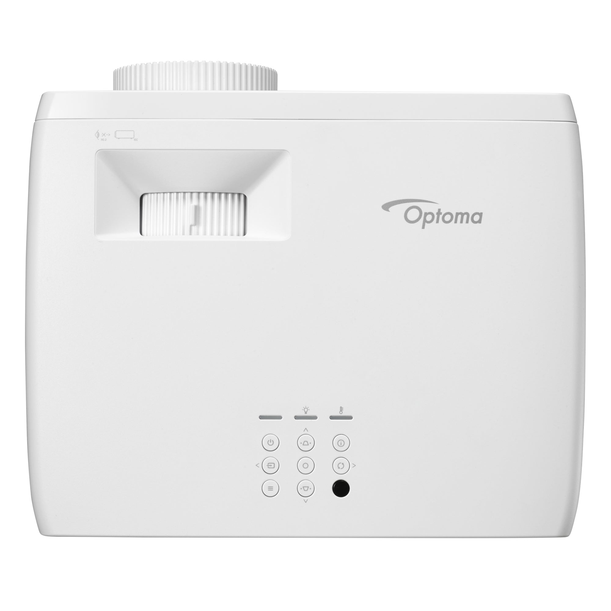 Biały projektor Optoma z przyciskami sterującymi i obudową obiektywu.
