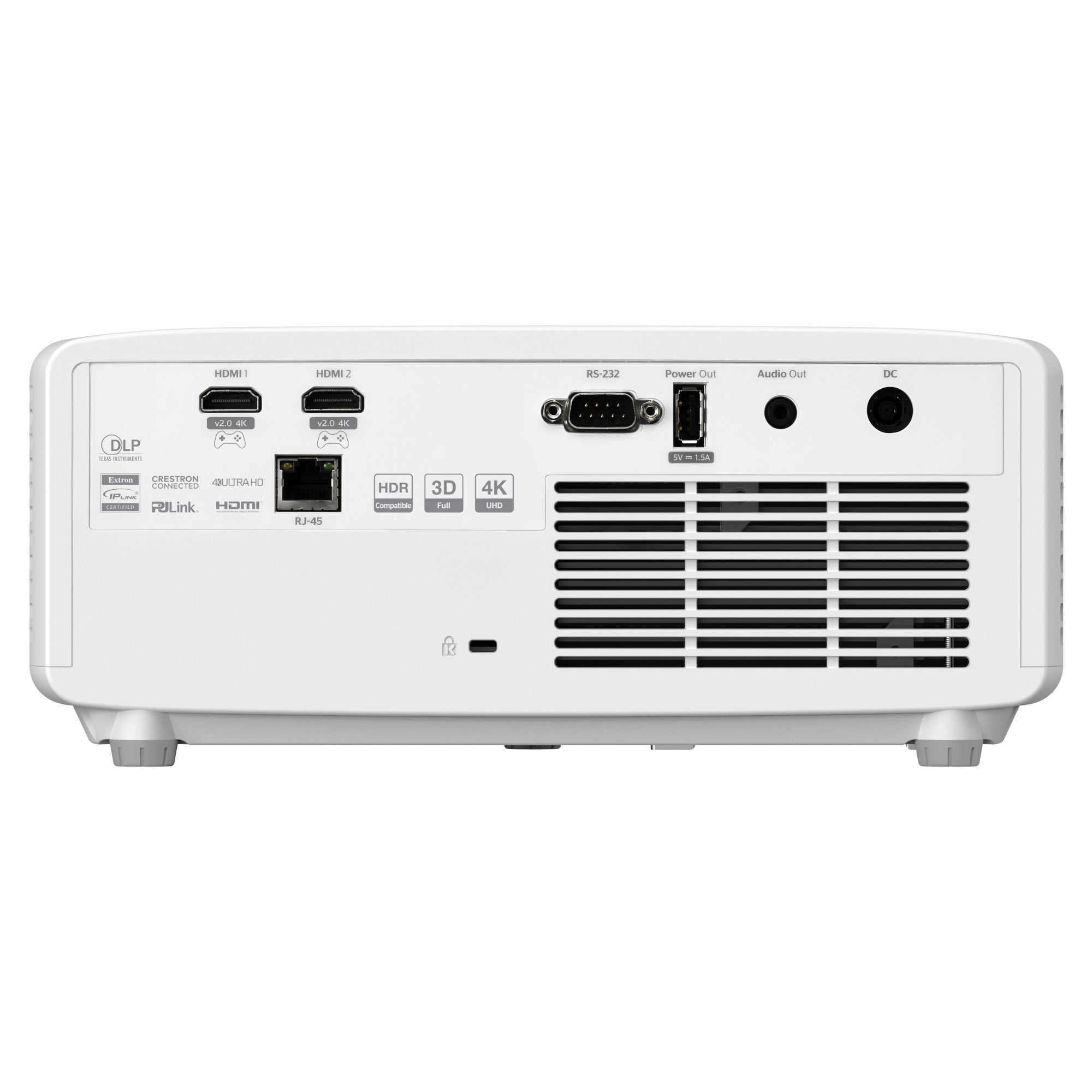 Tył białego projektora z portami: HDMI, RS-232, USB, Audio, DC.