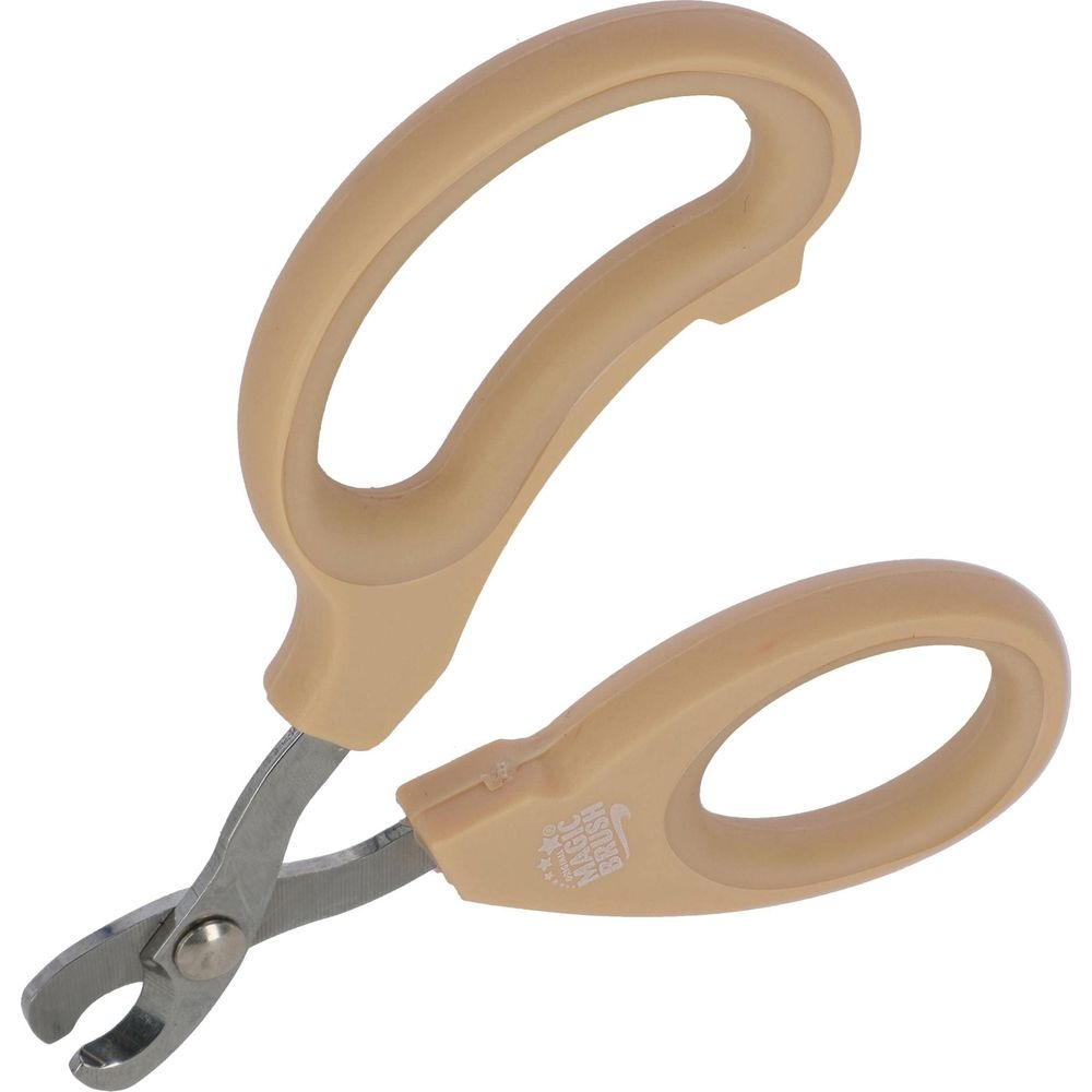 Eine beige Nagelschere mit silberner Klinge und einem "Magic Brush"-Logo.