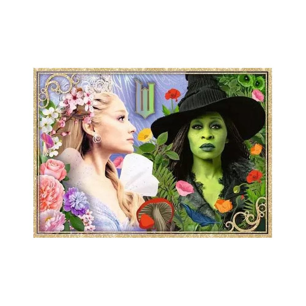 Zwei Frauen, eine helle mit Blumen, eine grün-häutige Hexe mit Hut.