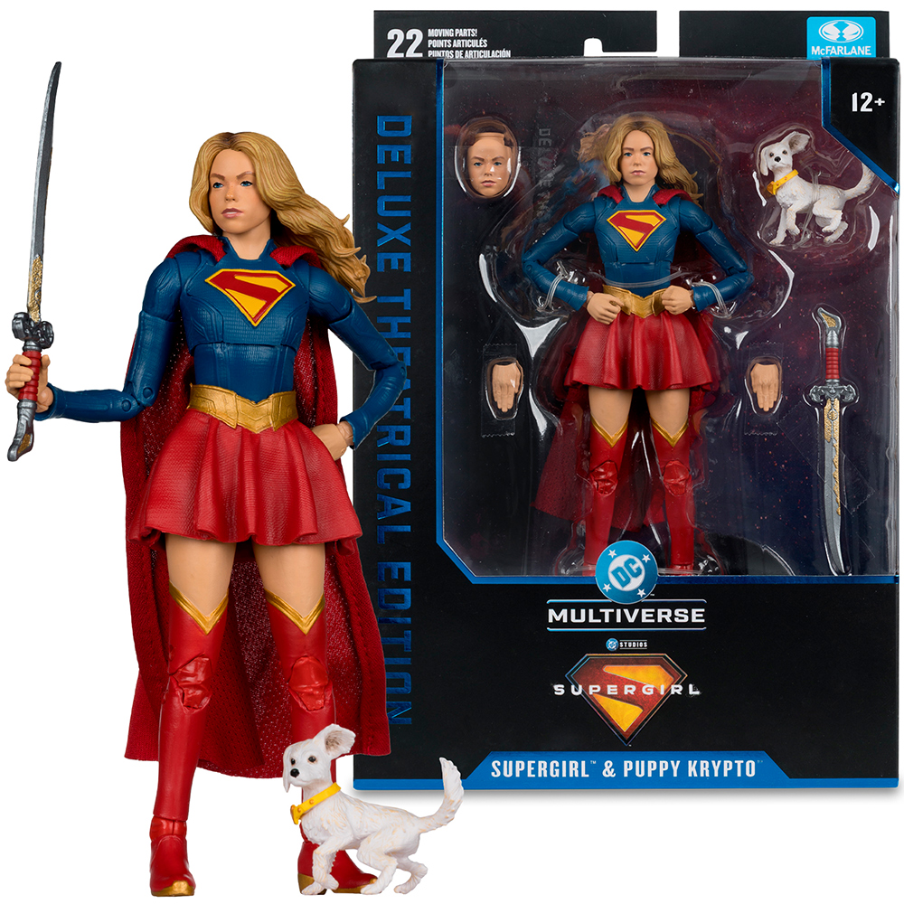 Supergirl-Actionfigur mit Schwert und Krypto-Welpe, in Schachtel.