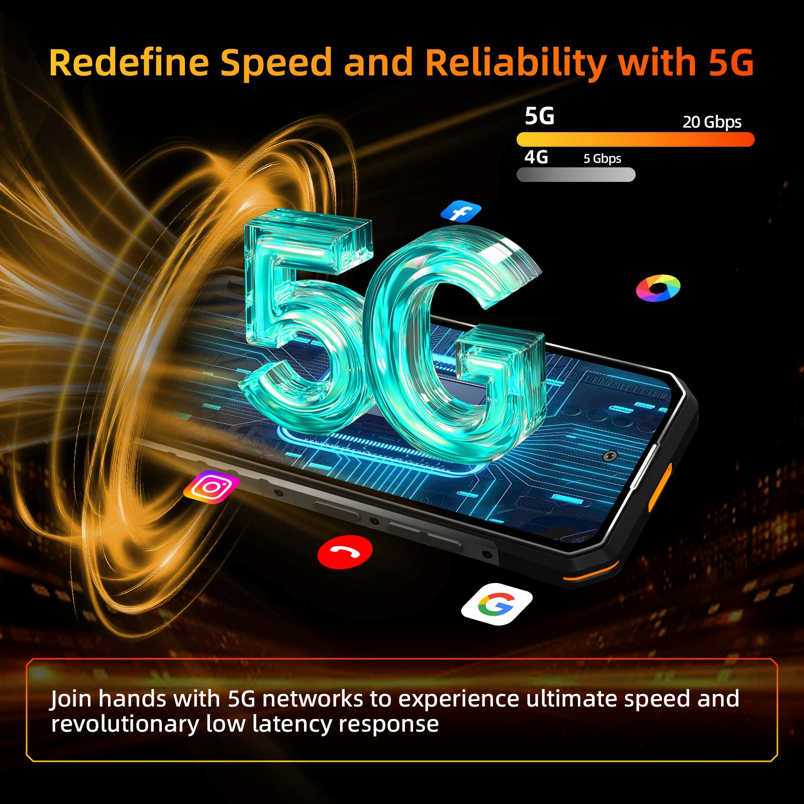 Un smartphone con iconos 5G, iconos de redes sociales y texto sobre la velocidad 5G.