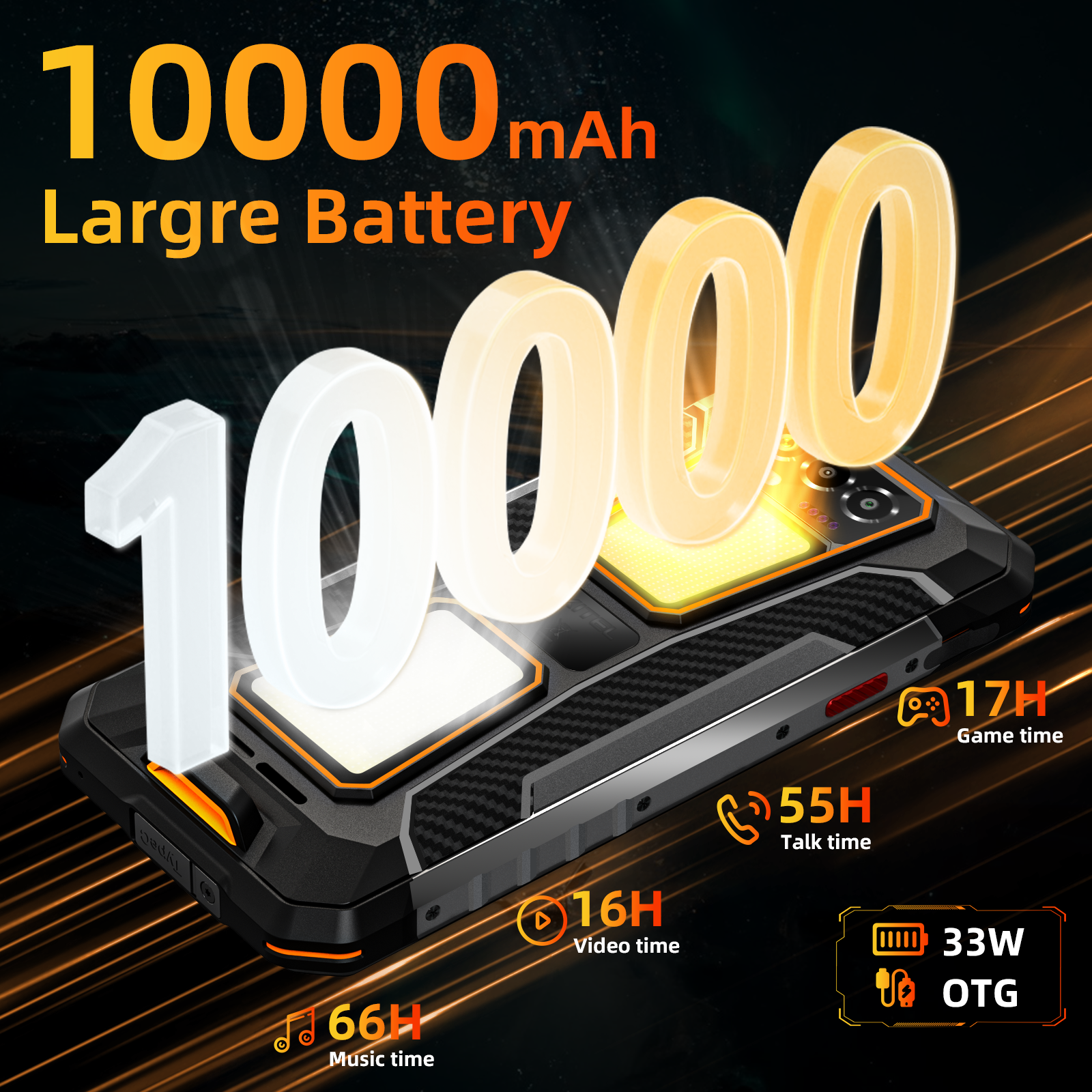 Un smartphone robusto con batería de 10000mAh, muestra 16-66h de uso y 33W OTG.