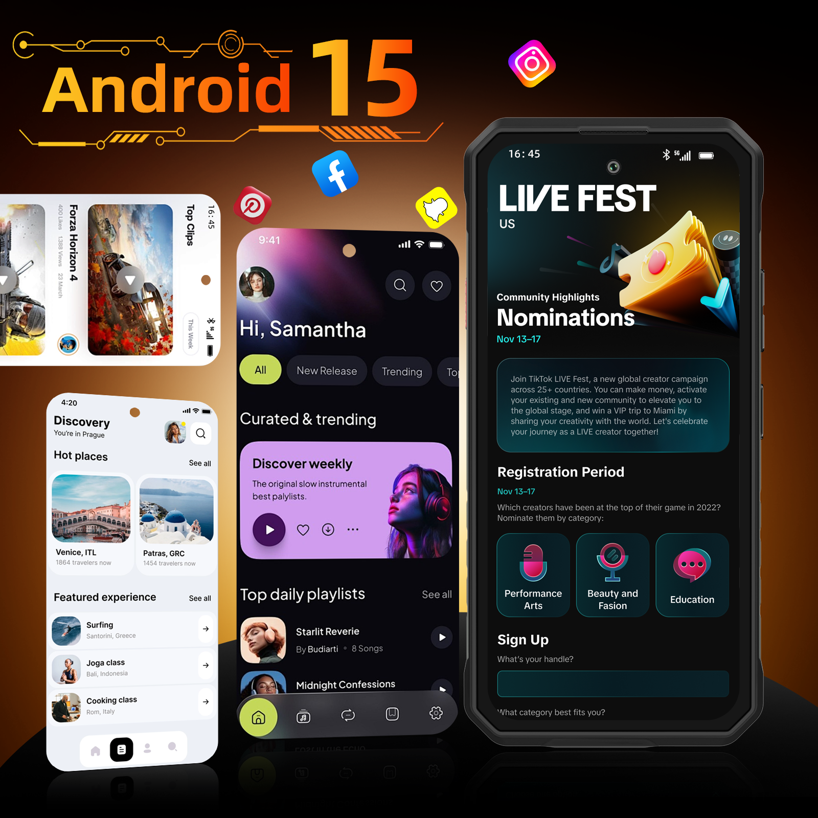 Logo de Android 15 con vistas previas de apps: Forza Horizon, TikTok, Discovery y Live Fest.