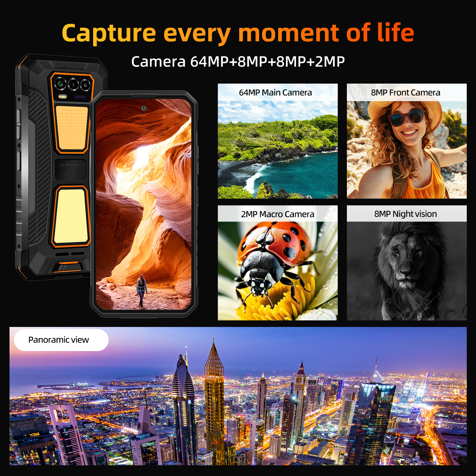 Un smartphone robusto que muestra tomas de cámara: paisaje, selfie, mariquita, león y vista urbana.