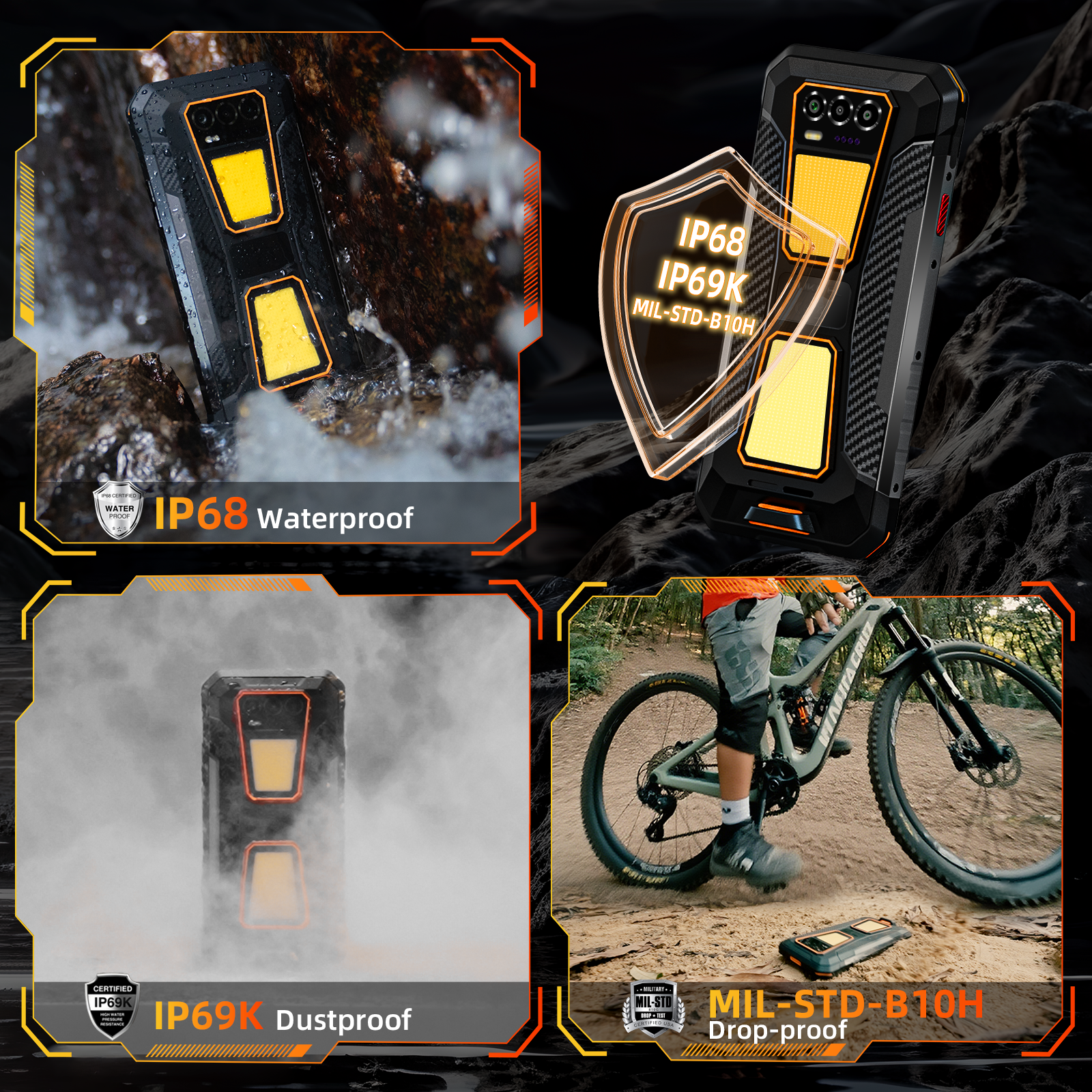 Teléfono robusto en agua, IP68 impermeable, IP69K a prueba de polvo, MIL-STD-B10H resistente a caídas.