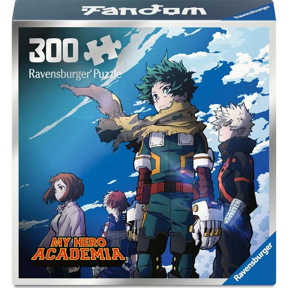 Puzzle Ravensburger con personaggi di My Hero Academia su cielo blu.