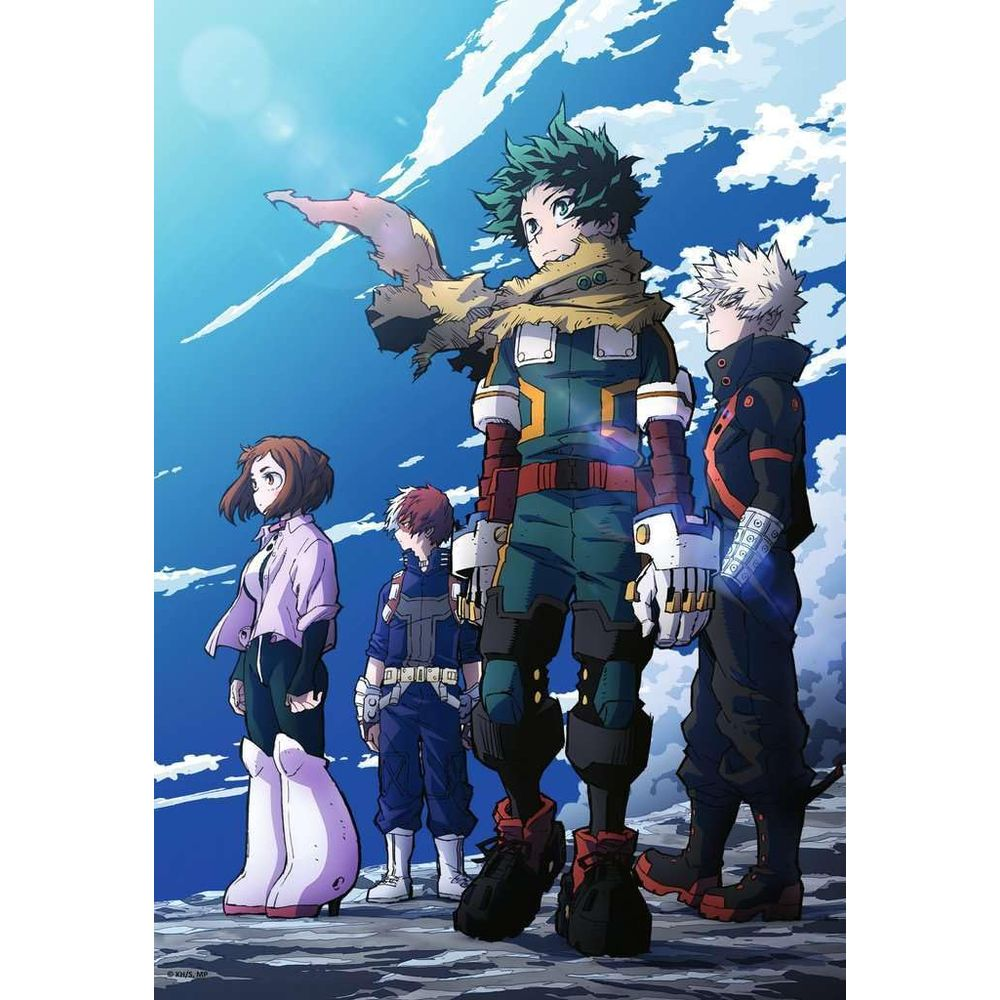 Quattro personaggi anime stanno contro un cielo blu con nuvole.