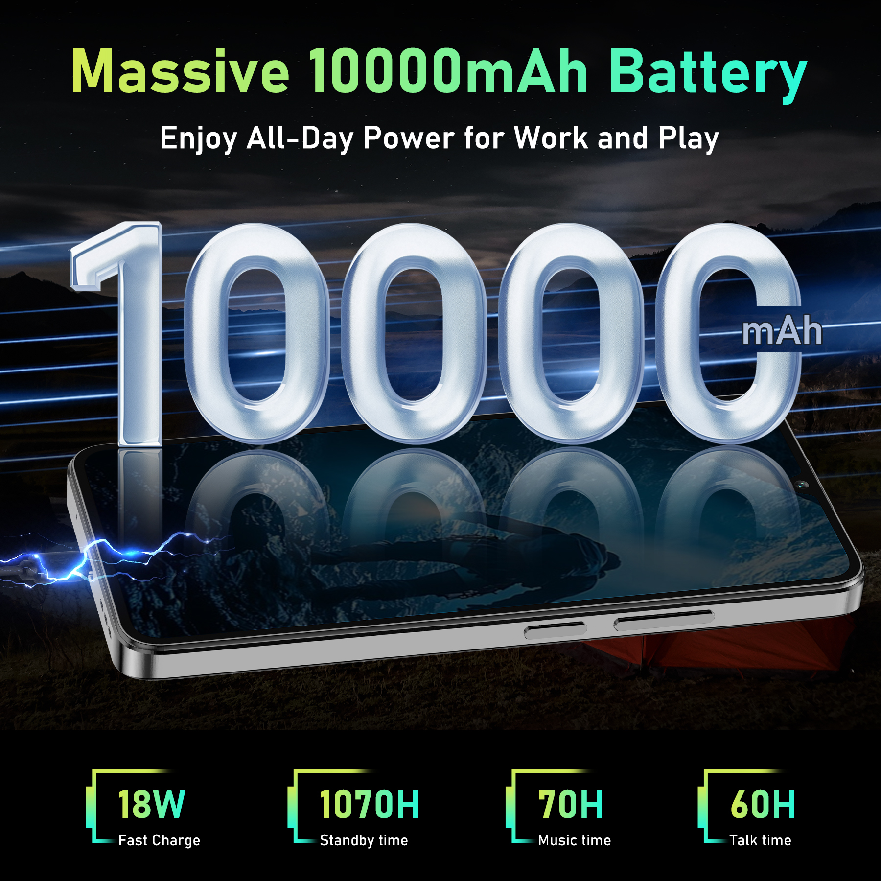 Un smartphone con batería de 10000mAh, carga rápida de 18W, 1070h en espera, 70h música, 60h llamadas.