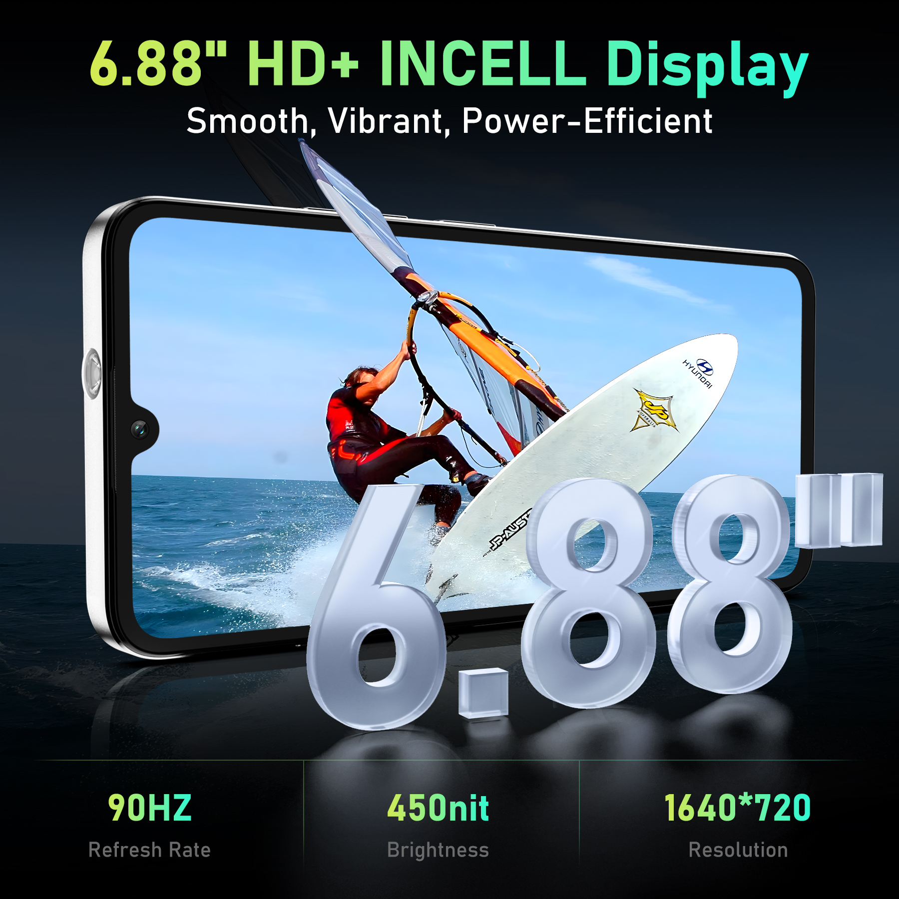 Un smartphone con pantalla de 6,88 pulgadas muestra a un windsurfista en el mar.