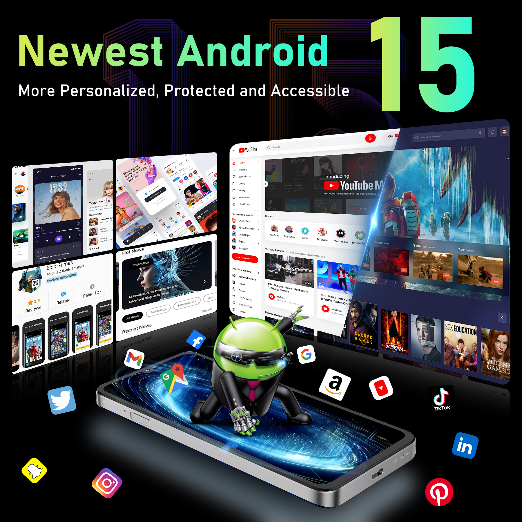 Logotipo de Android 15 con varios iconos de aplicaciones y un smartphone.