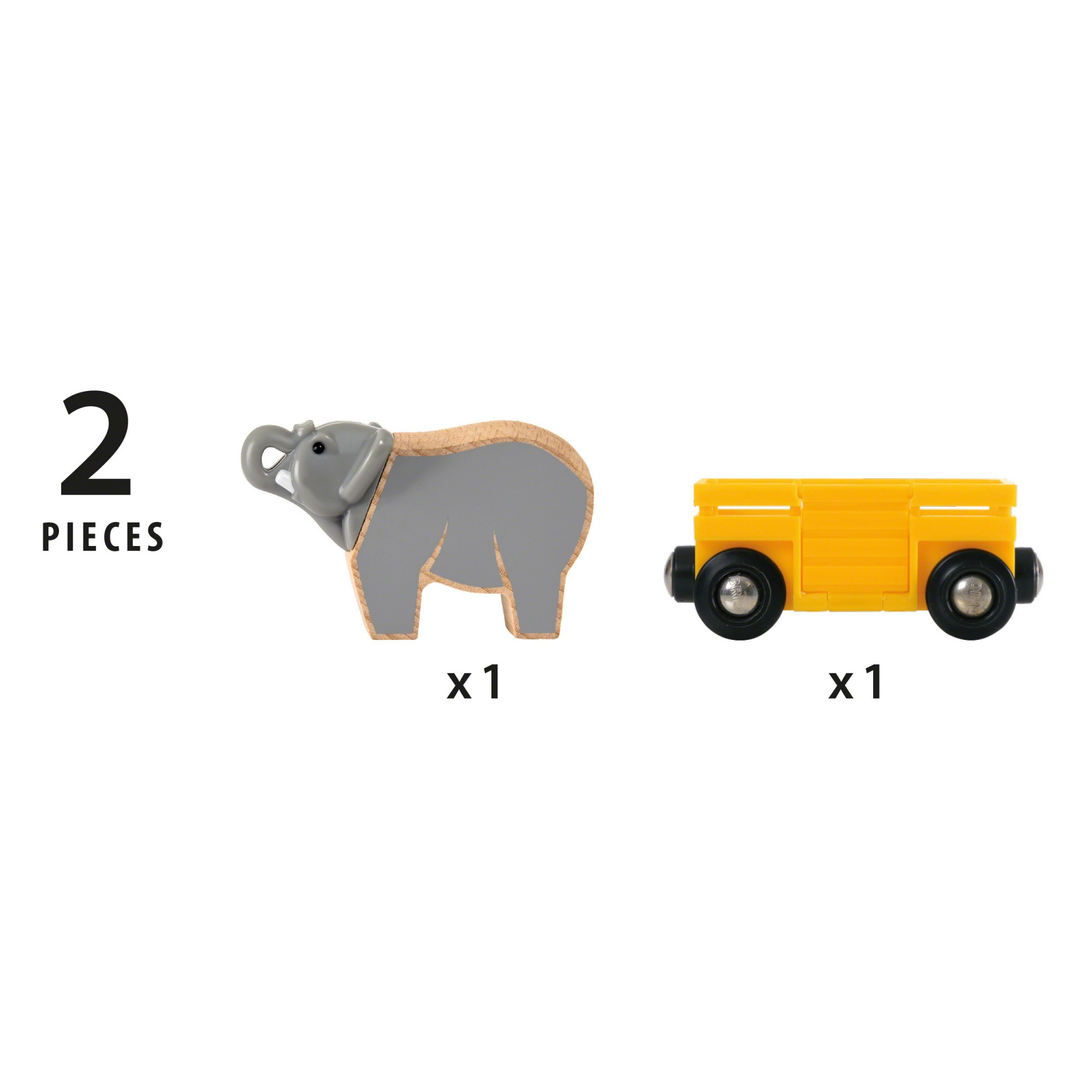 Ein hölzerner Elefant und ein gelber Wagen mit schwarzen Rädern.