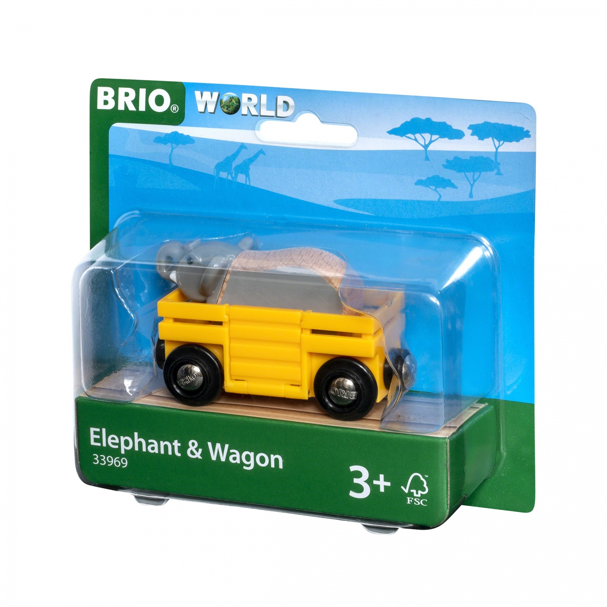 Gelber BRIO Elefanten-Wagen mit Holz-Elefant in Verpackung mit Safari-Motiv.