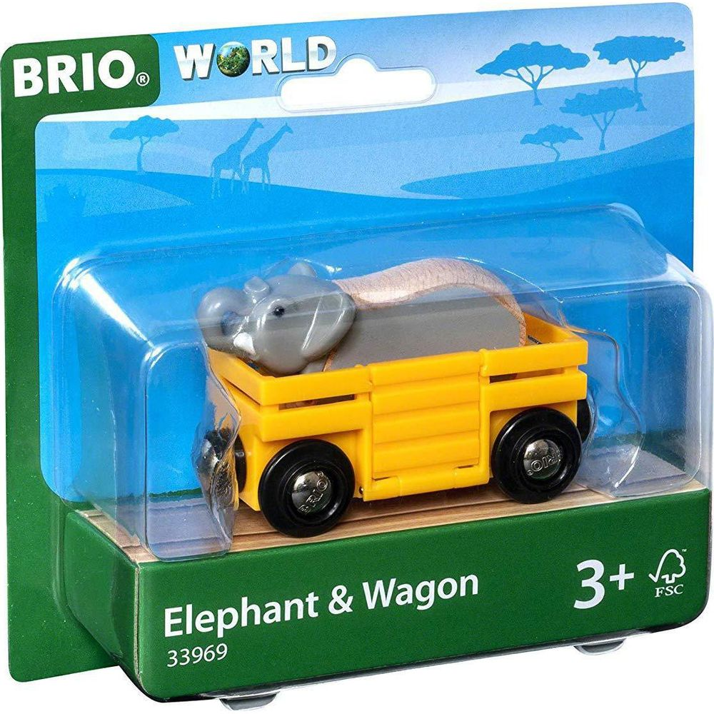 Grauer Elefant in gelbem Wagen mit vier schwarzen Rädern, BRIO World Spielzeug.