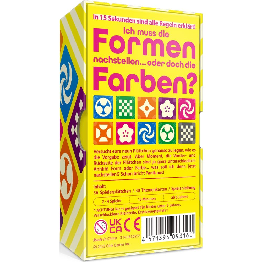 Verpackung des Spiels Formen oder Farben mit Symbolen und Text auf Deutsch.