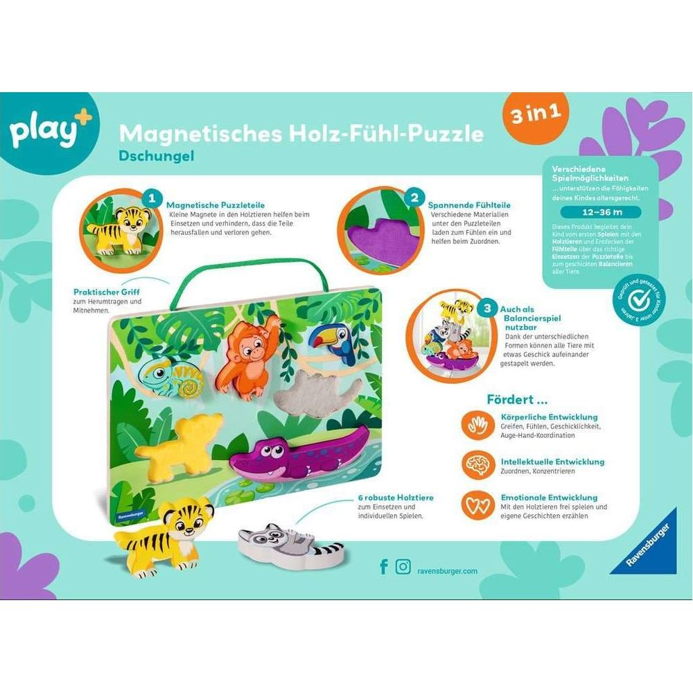 Magnetisches Holz-Fühl-Puzzle Dschungel mit Tieren und Spielmöglichkeiten.
