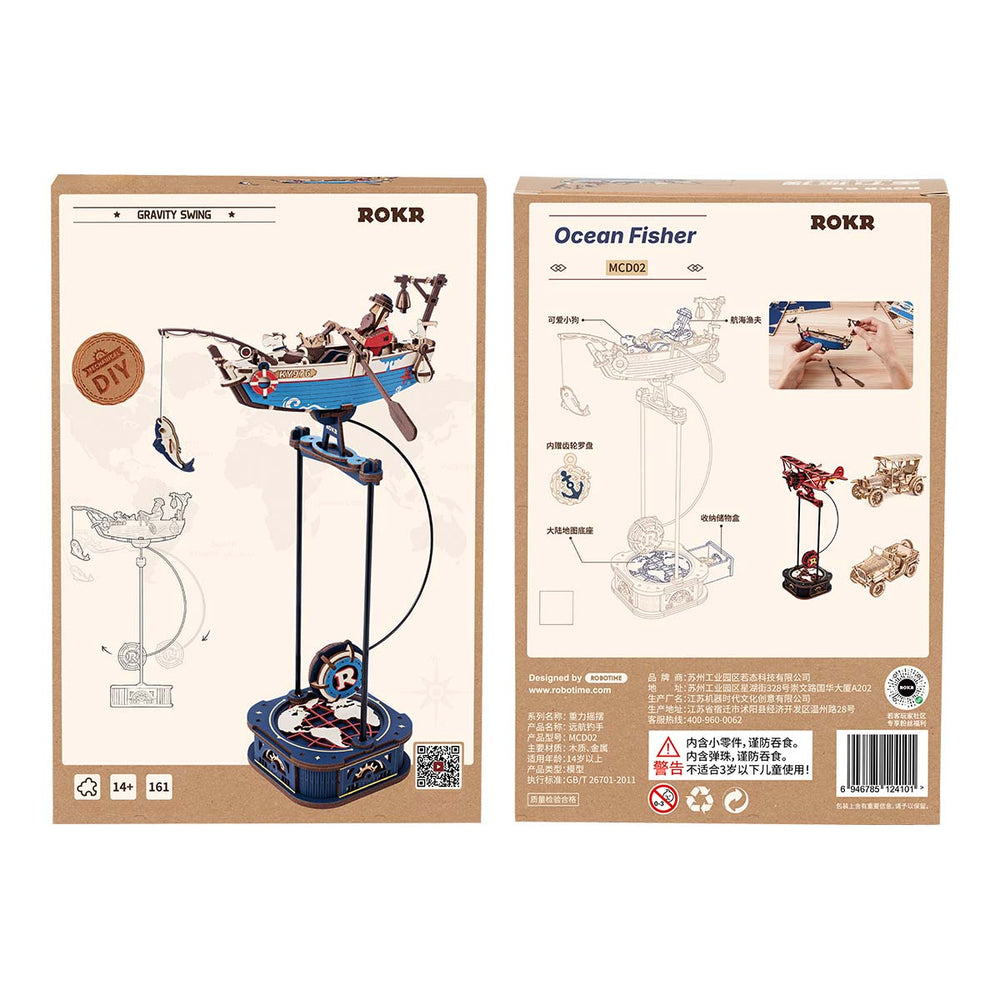 Deux boîtes ROKR présentent des kits de modèles: un voilier avec un pêcheur et un avion.