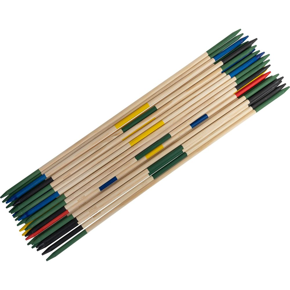 Un set di bastoncini di legno per Mikado con punte colorate: blu, verde, nero, giallo e rosso.