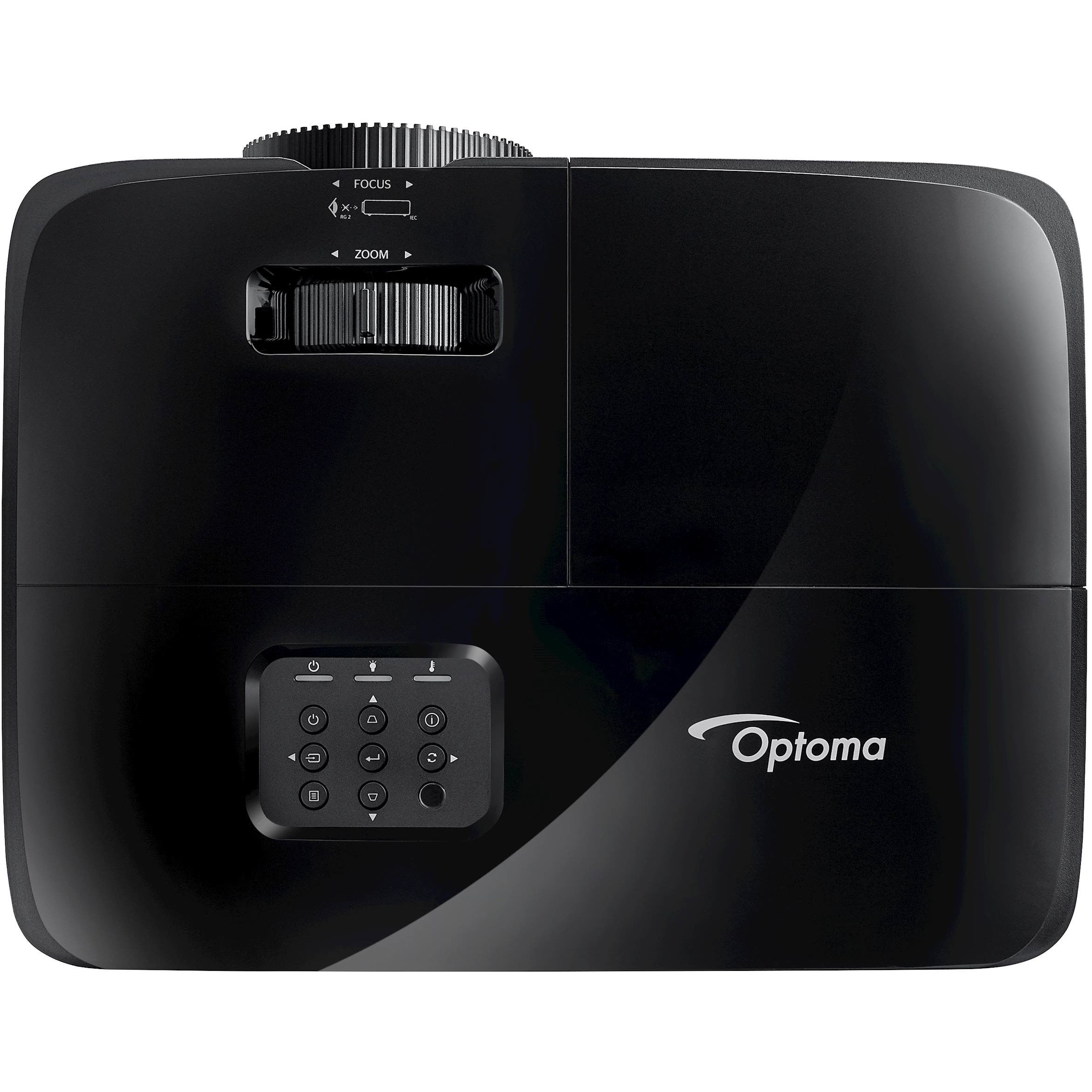 Czarny projektor z panelem sterowania i logo Optoma.