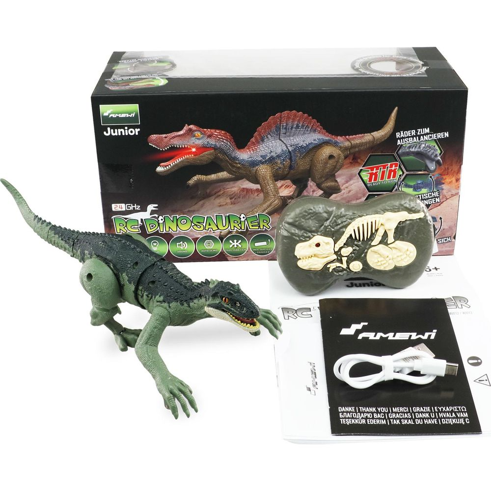 Zwei ferngesteuerte Dinosaurier, einer grün, einer braun. Box und Anleitung auch sichtbar.