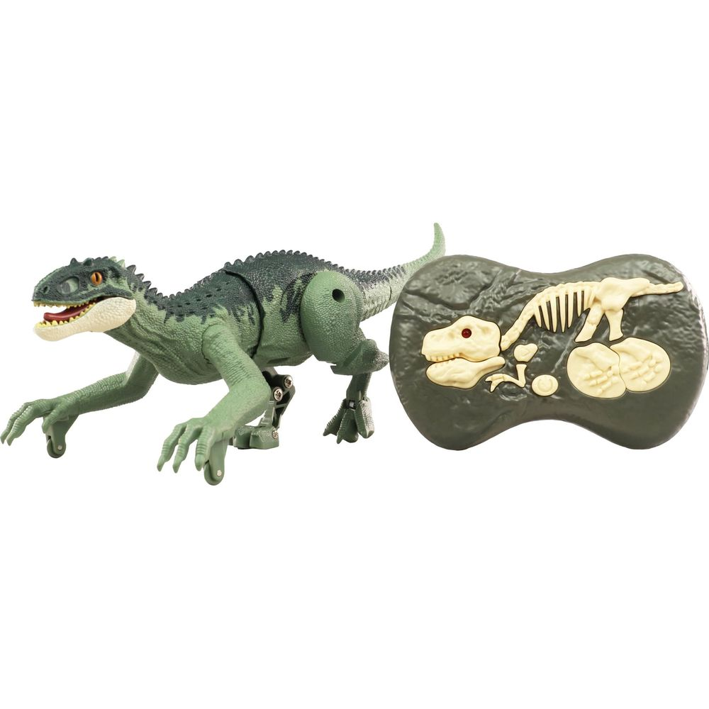 Grünes Dinosaurierspielzeug mit Gelenkgliedern und einer dunkelgrauen Fernbedienung mit Knochendetails.