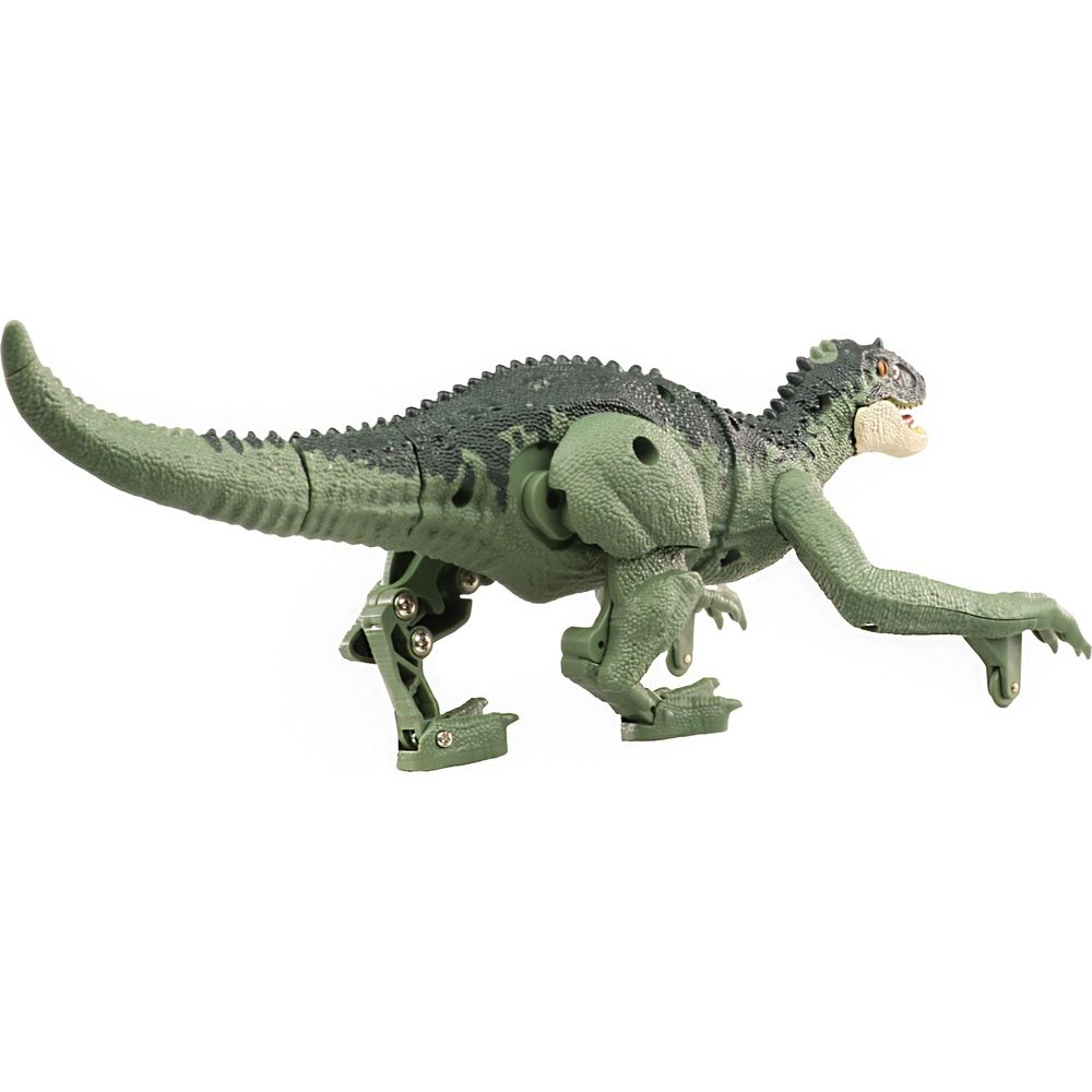 Grüne Dinosaurier-Figur mit schwarzen Flecken und beweglichen Gliedmaßen.