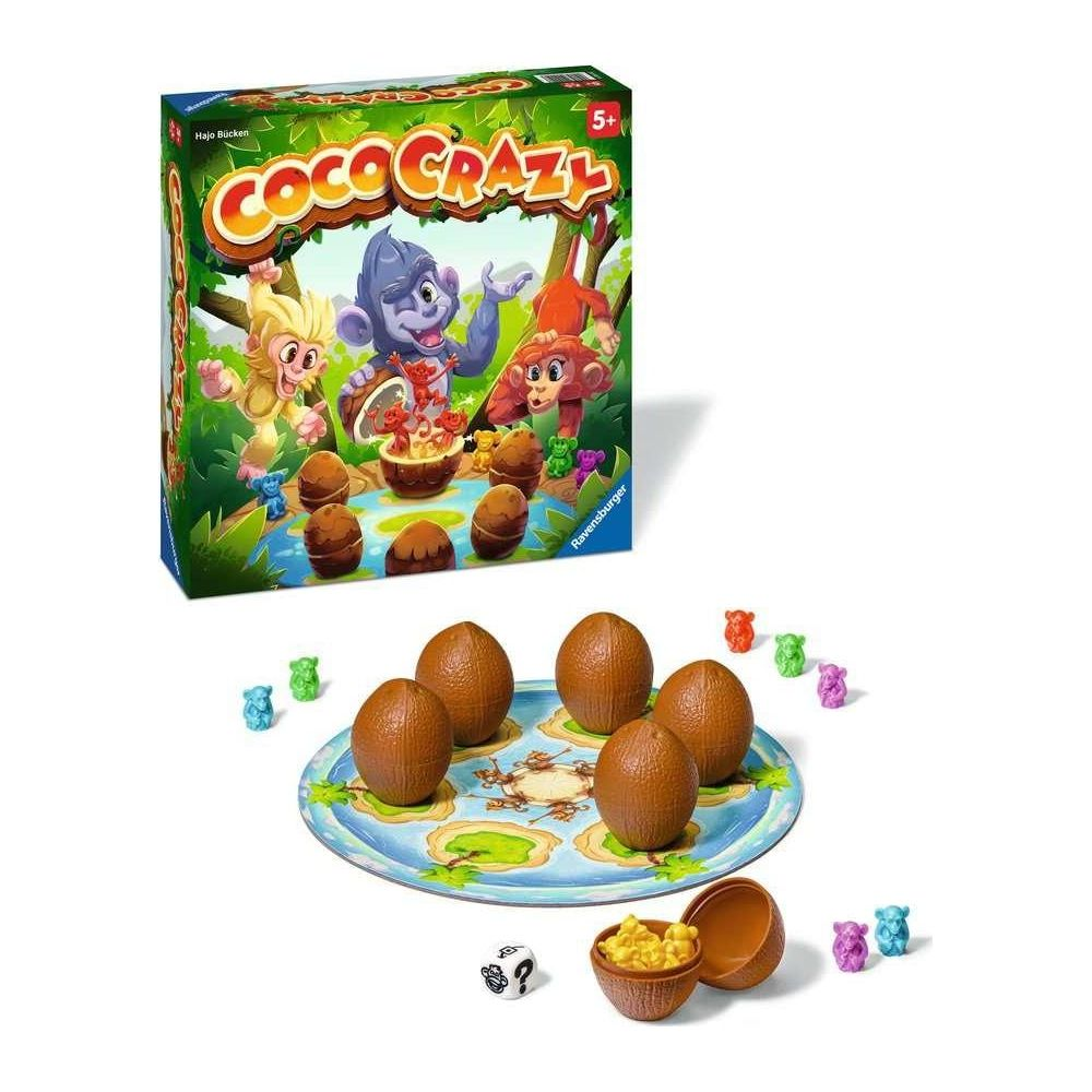 Gioco Coco Crazy: Scimmie, noci di cocco, dadi e figure colorate su tabellone e scatola.